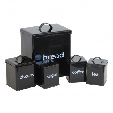 5pc Black Kitchen Canister Set Bread Biscuits Tea Sugar Coffee
