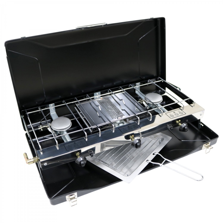 Folding Double Gas Burner Camping Stove Travel Cooker & Grill - Click Image to Close