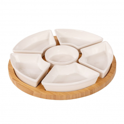 Rotating Bamboo Lazy Susan Snack Bowl Serving Platter with Ceramic Dishes