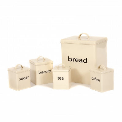5pc Cream Kitchen Canister Set Bread Biscuits Tea Sugar Coffee