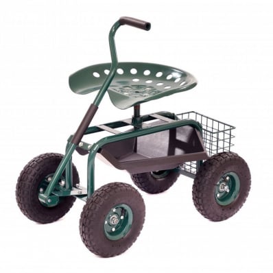 Outdoor Rolling Garden Seat Wheeled Stool w/ Tool Tray & Basket