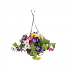 Artificial Hanging Wicker Basket with Multicoloured Pansy Flowers