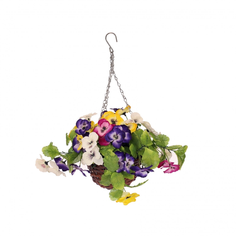 Artificial Hanging Wicker Basket with Multicoloured Pansy Flowers - Click Image to Close