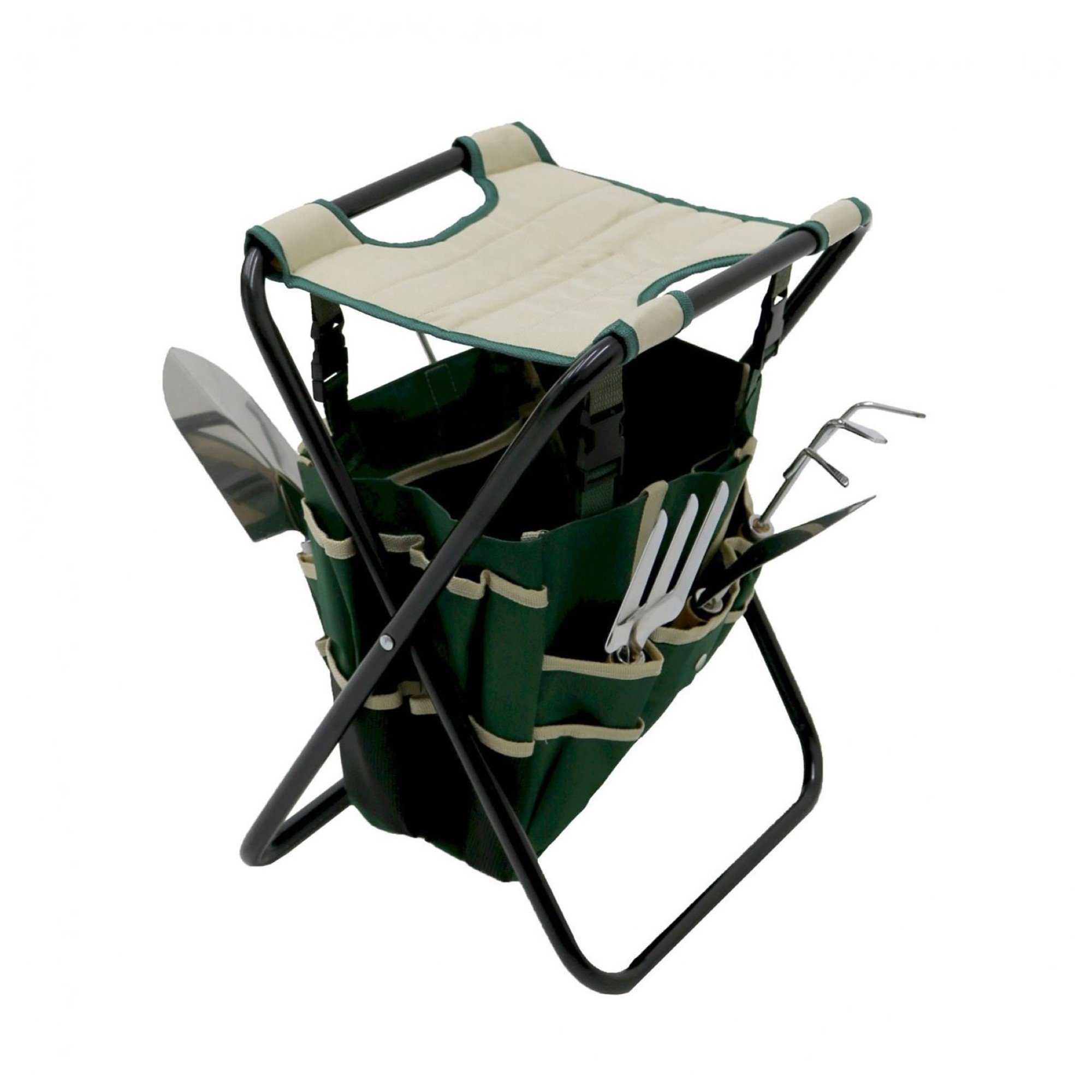 Folding Gardeners Tool Stool with 5pc Tools and Storage Bag NEW 