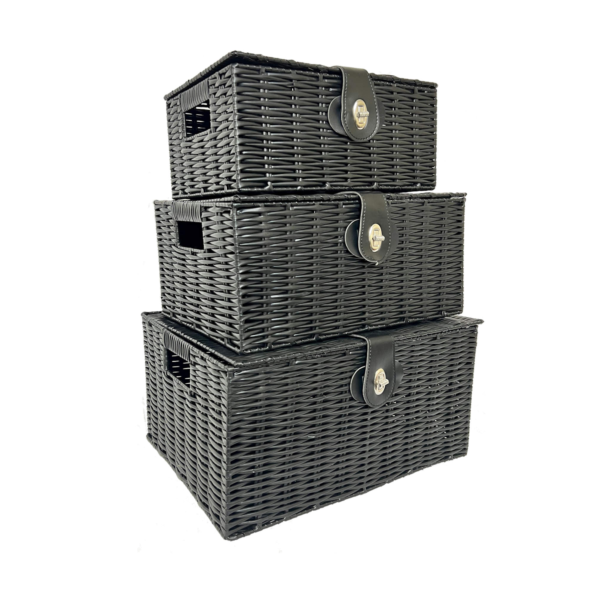 Set Of 3 Black YCHHSet Of 3 Wicker Storage Baskets Black With Resin Woven Wicker Hamper Gift Hamper Box 